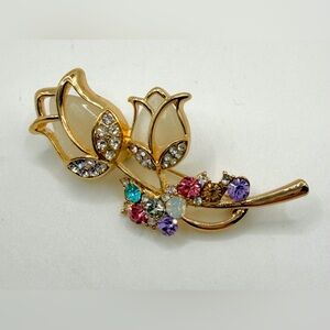 Elegant Vintage Gold Tone Rhinestone Resin
Tulip Brooch, Gold and Multicolor